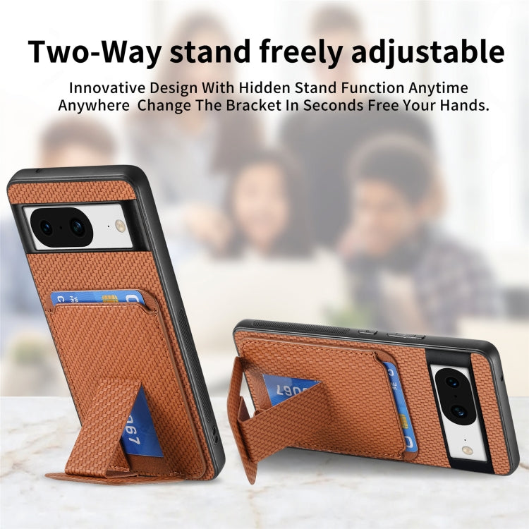 For Google Pixel 7 Carbon Fiber Card Bag Fold Stand Phone Case(Brown) by buy2fix