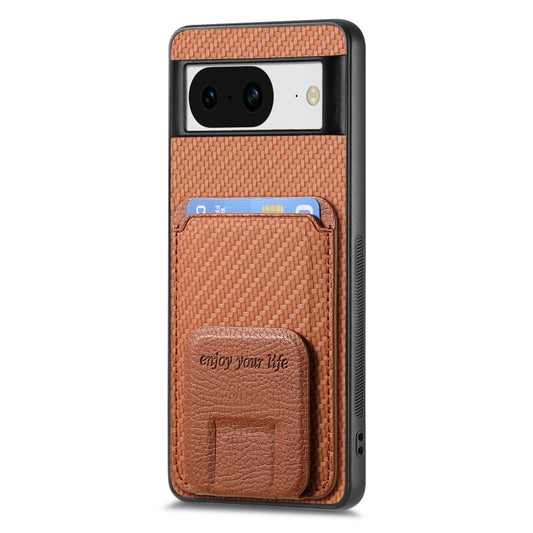 For Google Pixel 7a Carbon Fiber Card Bag Fold Stand Phone Case(Brown) by buy2fix