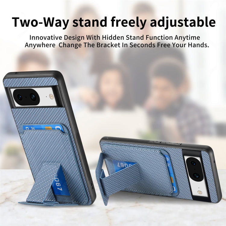 For Google Pixel 8 Carbon Fiber Card Bag Fold Stand Phone Case(Blue) by buy2fix