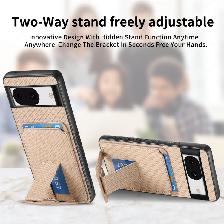 For Google Pixel 8 Pro Carbon Fiber Card Bag Fold Stand Phone Case(Khaki) by buy2fix