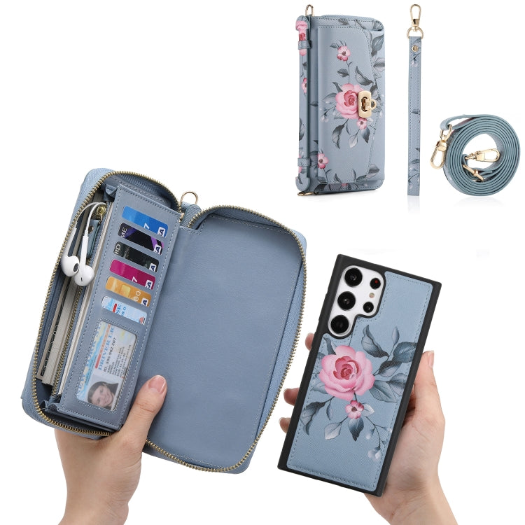 For Samsung Galaxy S23 5G Flower Multi-functional Crossbody Zipper Wallet Leather Phone Case(Blue) - Galaxy S23 5G Cases by buy2fix | Online Shopping UK | buy2fix