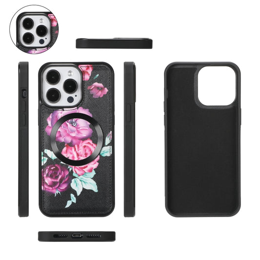 For iPhone 15 Flower Multi-functional Crossbody Zipper Wallet MagSafe Leather Phone Case(Black) - iPhone 15 Cases by buy2fix | Online Shopping UK | buy2fix