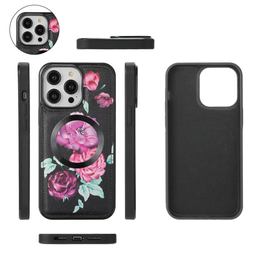 For iPhone 14 Pro Flower Multi-functional Crossbody Zipper Wallet MagSafe Leather Phone Case(Black) - iPhone 14 Pro Cases by buy2fix | Online Shopping UK | buy2fix
