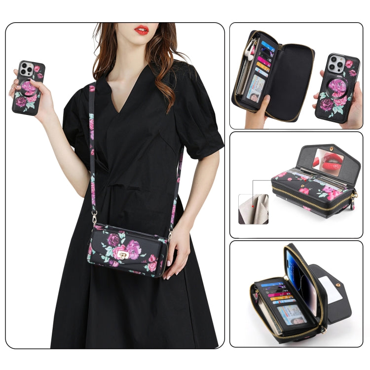 For iPhone 14 Pro Flower Multi-functional Crossbody Zipper Wallet MagSafe Leather Phone Case(Black) - iPhone 14 Pro Cases by buy2fix | Online Shopping UK | buy2fix