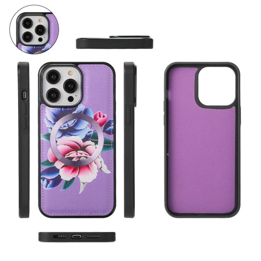 For iPhone 14 Pro Max Flower Multi-functional Crossbody Zipper Wallet MagSafe Leather Phone Case(Purple) - iPhone 14 Pro Max Cases by buy2fix | Online Shopping UK | buy2fix