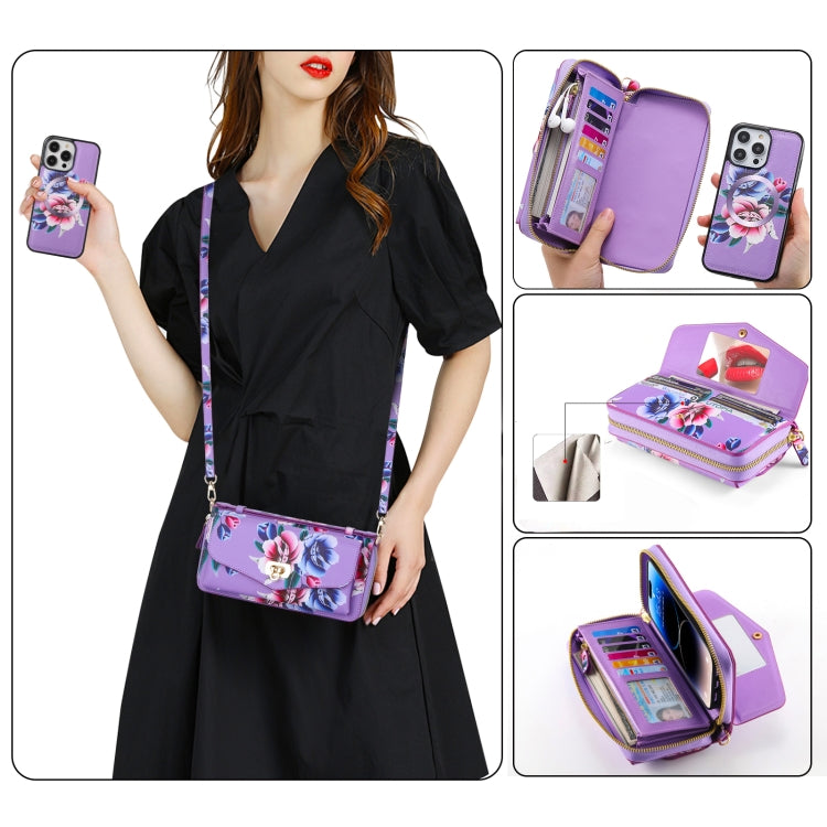 For iPhone 14 Pro Max Flower Multi-functional Crossbody Zipper Wallet MagSafe Leather Phone Case(Purple) - iPhone 14 Pro Max Cases by buy2fix | Online Shopping UK | buy2fix