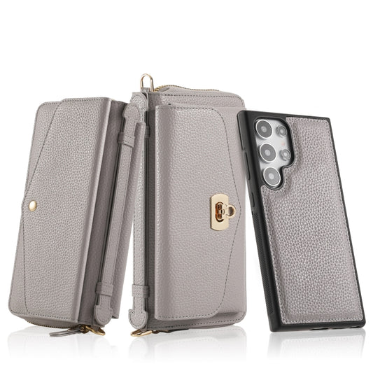 For Samsung Galaxy S24 Ultra 5G Crossbody Multi-functional Zipper Wallet Litchi Leather Phone Case(Grey) - Galaxy S24 Ultra 5G Cases by buy2fix | Online Shopping UK | buy2fix