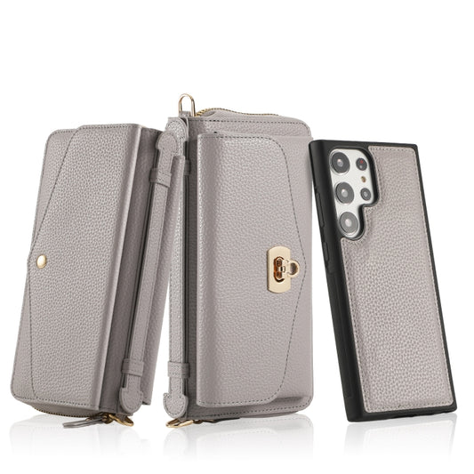 For Samsung Galaxy S23+ 5G Crossbody Multi-functional Zipper Wallet Litchi Leather Phone Case(Grey) - Galaxy S23+ 5G Cases by buy2fix | Online Shopping UK | buy2fix