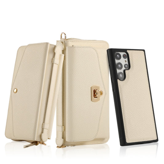 For Samsung Galaxy S22 Ultra 5G Crossbody Multi-functional Zipper Wallet Litchi Leather Phone Case(Beige) - Galaxy S22 Ultra 5G Cases by buy2fix | Online Shopping UK | buy2fix