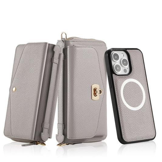 For iPhone 15 Pro MagSafe Crossbody Multi-functional Zipper Wallet Litchi Leather Phone Case(Grey) - iPhone 15 Pro Cases by buy2fix | Online Shopping UK | buy2fix