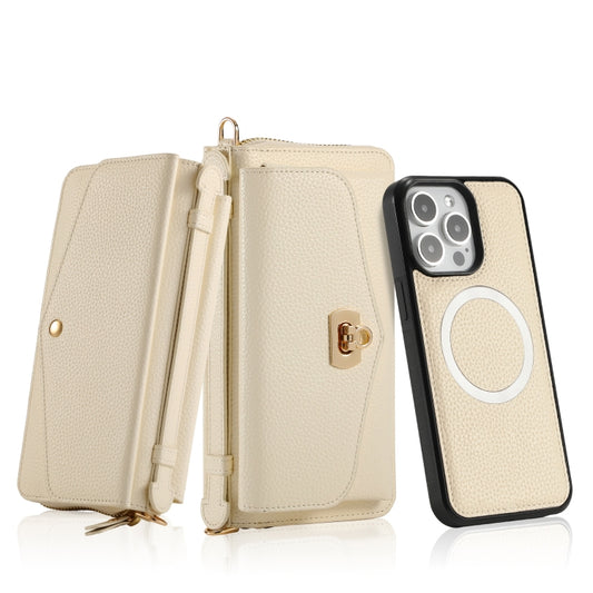 For iPhone 15 MagSafe Crossbody Multi-functional Zipper Wallet Litchi Leather Phone Case(White) by buy2fix
