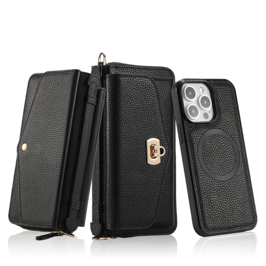 For iPhone 15 MagSafe Crossbody Multi-functional Zipper Wallet Litchi Leather Phone Case(Black) by buy2fix