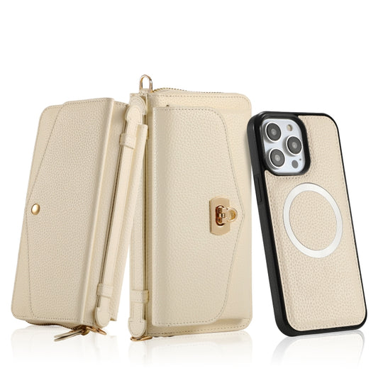 For iPhone 14 MagSafe Crossbody Multi-functional Zipper Wallet Litchi Leather Phone Case(White) by buy2fix
