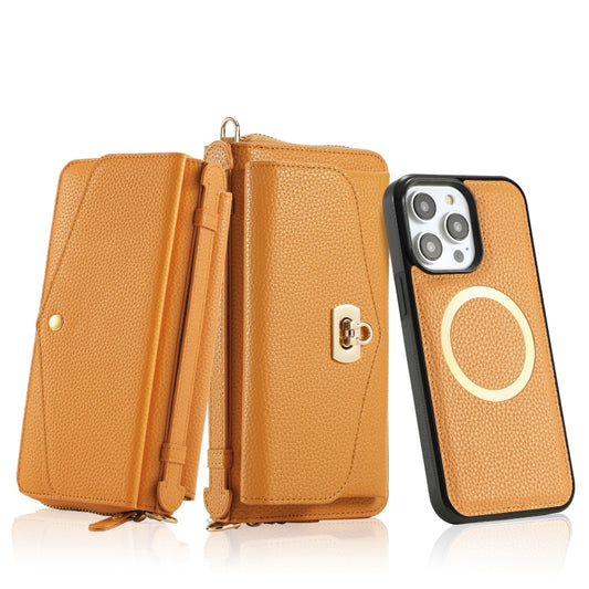 For iPhone 14 MagSafe Crossbody Multi-functional Zipper Wallet Litchi Leather Phone Case(Orange) by buy2fix