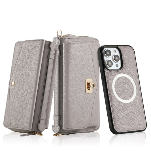 For iPhone 14 Pro MagSafe Crossbody Multi-functional Zipper Wallet Litchi Leather Phone Case(Grey) - iPhone 14 Pro Cases by buy2fix | Online Shopping UK | buy2fix