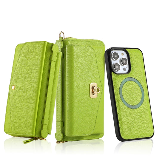 For iPhone 14 Pro Max MagSafe Crossbody Multi-functional Zipper Wallet Litchi Leather Phone Case(Green) by buy2fix