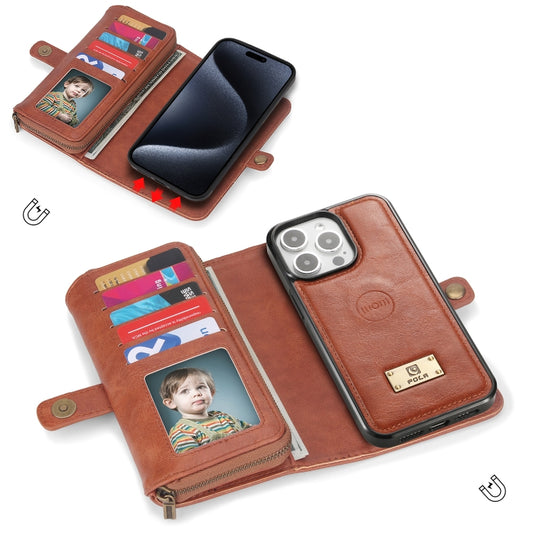 For iPhone 15 Multi-functional Zipper Wallet Leather Phone Case(Brown) - iPhone 15 Cases by buy2fix | Online Shopping UK | buy2fix