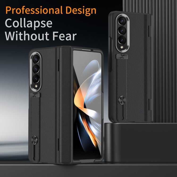 For Samsung Galaxy Z Fold3 5G Wristband Holder Grain Leather Folding Phone Case(Black) - Galaxy Phone Cases by buy2fix | Online Shopping UK | buy2fix