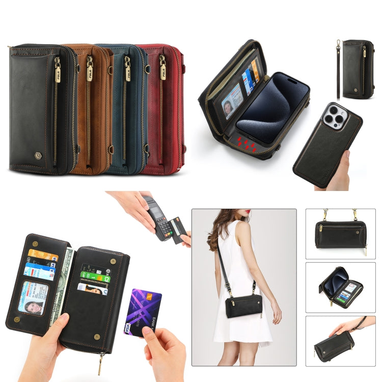 For iPhone 15 Pro Crossbody Multi-functional Zipper Wallet Leather Phone Case(Brown) - iPhone 15 Pro Cases by buy2fix | Online Shopping UK | buy2fix
