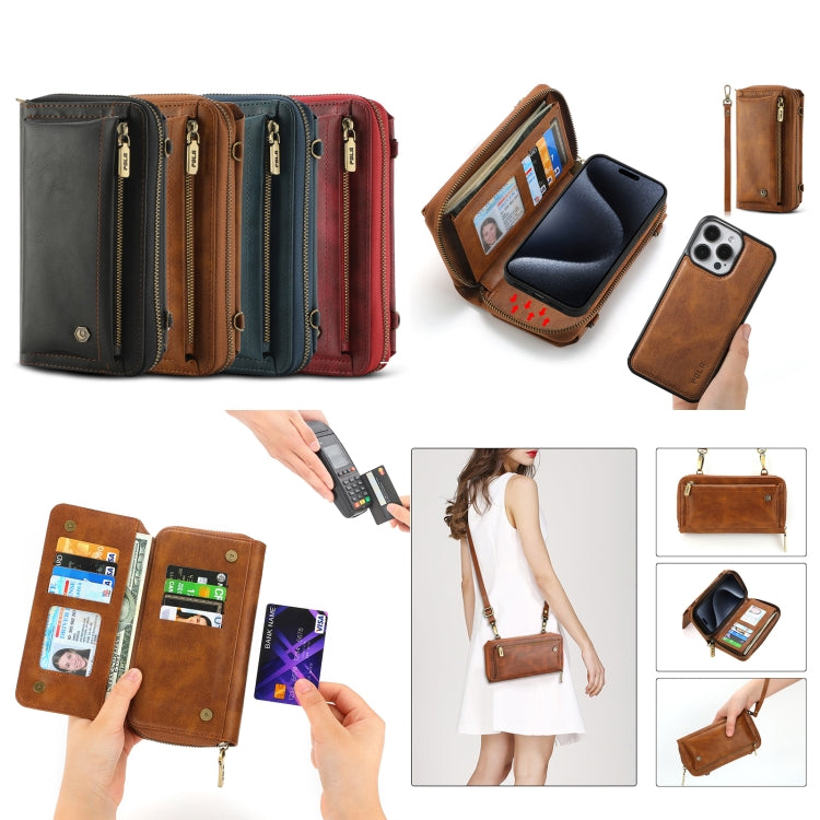 For iPhone 15 Plus Crossbody Multi-functional Zipper Wallet Leather Phone Case(Brown) - iPhone 15 Plus Cases by buy2fix | Online Shopping UK | buy2fix
