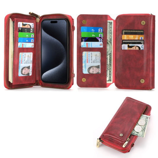 For iPhone 15 Crossbody Multi-functional Zipper Wallet Leather Phone Case(Red) - iPhone 15 Cases by buy2fix | Online Shopping UK | buy2fix