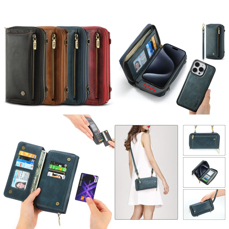 For iPhone 15 Crossbody Multi-functional Zipper Wallet Leather Phone Case(Red) - iPhone 15 Cases by buy2fix | Online Shopping UK | buy2fix