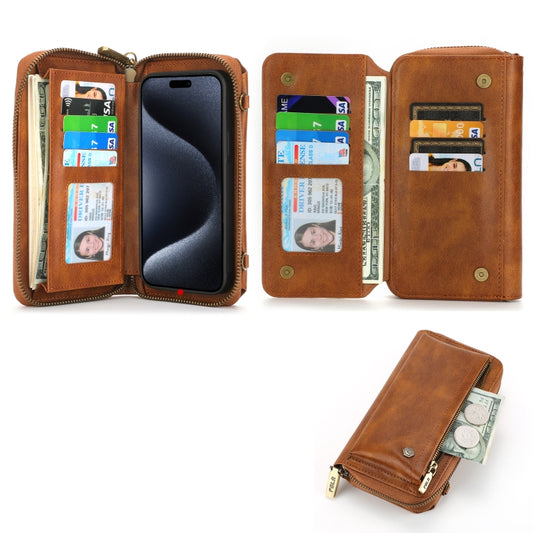 For iPhone 15 Crossbody Multi-functional Zipper Wallet Leather Phone Case(Brown) - iPhone 15 Cases by buy2fix | Online Shopping UK | buy2fix