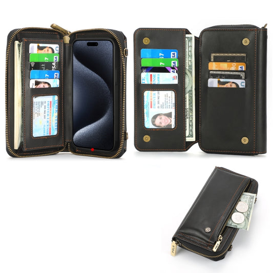 For iPhone 15 Crossbody Multi-functional Zipper Wallet Leather Phone Case(Black) - iPhone 15 Cases by buy2fix | Online Shopping UK | buy2fix