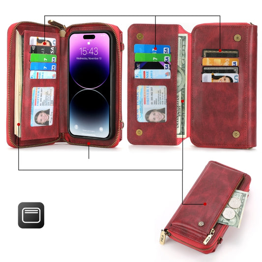 For iPhone 14 Pro Crossbody Multi-functional Zipper Wallet Leather Phone Case(Red) - iPhone 14 Pro Cases by buy2fix | Online Shopping UK | buy2fix