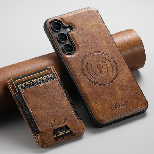 For Samsung Galaxy S25 5G Suteni H17 Oil Eax Leather MagSafe Detachable Wallet Phone Case(Brown) - Galaxy S25 5G Cases by Suteni | Online Shopping UK | buy2fix