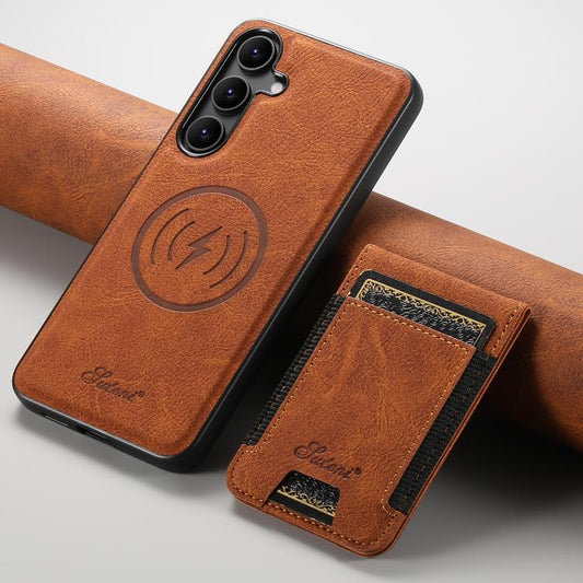 For Samsung Galaxy S25+ 5G Suteni H17 Litchi Texture Leather MagSafe Detachable Wallet Phone Case(Khaki) - Galaxy S25+ 5G Cases by Suteni | Online Shopping UK | buy2fix