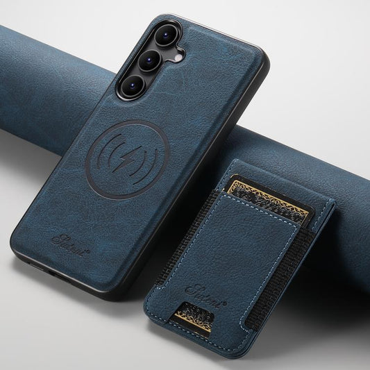 For Samsung Galaxy S25+ 5G Suteni H17 Litchi Texture Leather MagSafe Detachable Wallet Phone Case(Blue) - Galaxy S25+ 5G Cases by Suteni | Online Shopping UK | buy2fix
