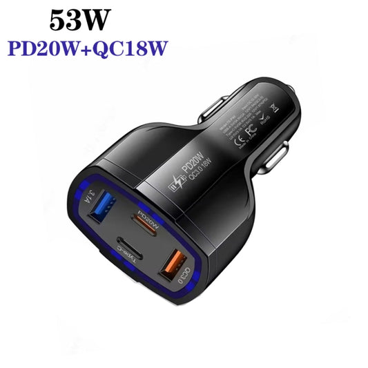 P49 53W PD20W Type-C + USB 4-port Car Charger with USB to Type-C Data Cable(Black) - Car Charger by buy2fix | Online Shopping UK | buy2fix