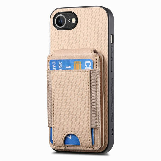 For iPhone 16e Carbon Fiber Vertical Flip Wallet Stand Phone Case(Khaki) - iPhone 16e Cases by buy2fix | Online Shopping UK | buy2fix