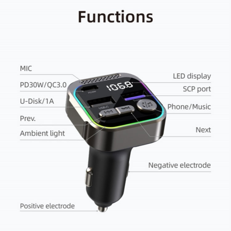 C54 PD 30W Dual USB Car Charger Alloy Car Bluetooth Adapter FM Transmitter MP3 Player by buy2fix