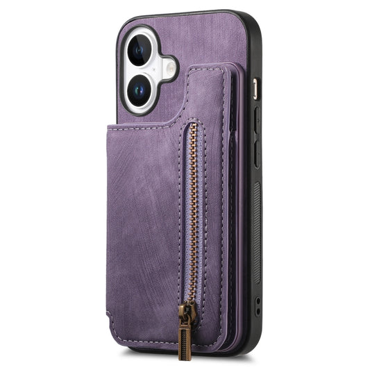 For iPhone 16 Plus Retro Leather Zipper Wallet Back Phone Case(Purple) by buy2fix