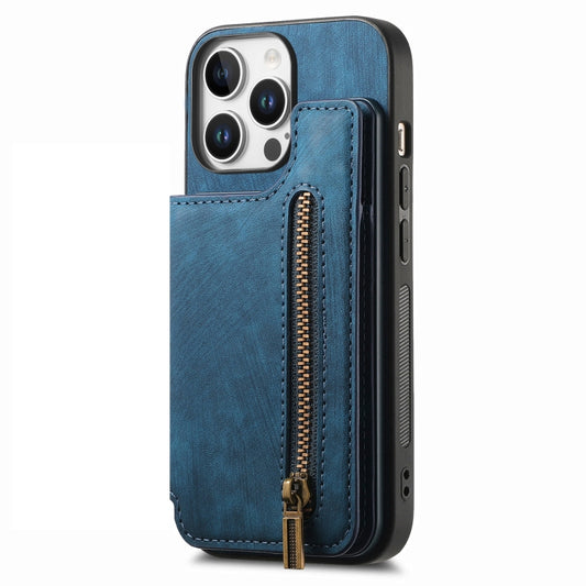 For iPhone 16 Pro Max Retro Leather Zipper Wallet Back Phone Case(Blue) by buy2fix