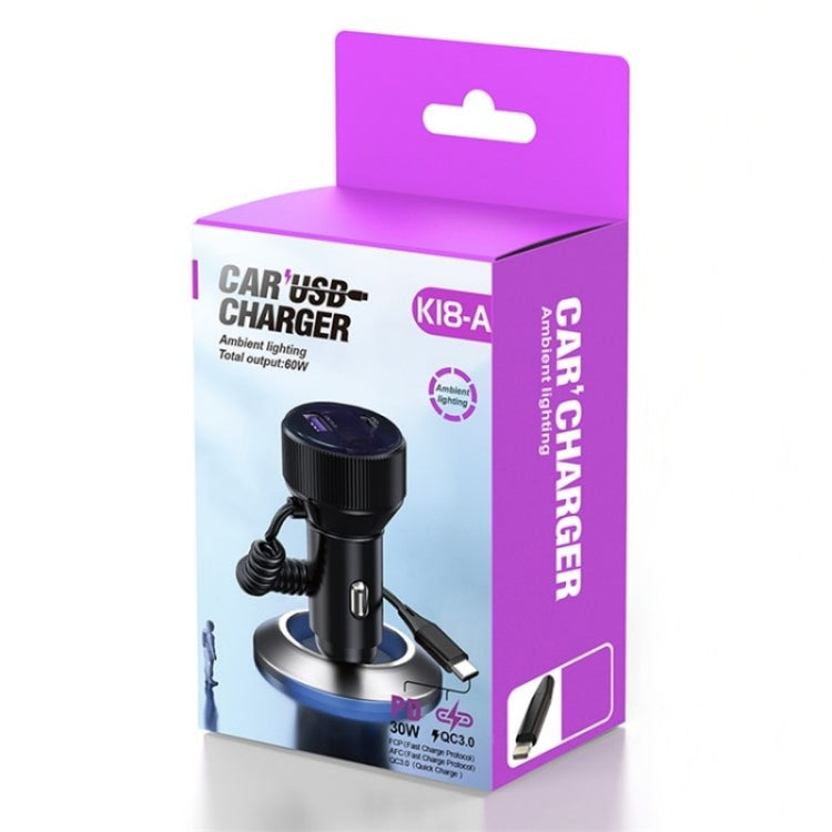 K18A PD 30W Retractable Type-C Cable USB+Type-C Dual Port Aluminum Alloy Car Charger by buy2fix