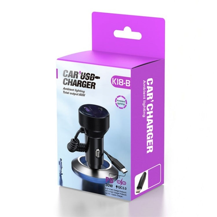 K18B 12-24V Car Charger USB+Type-C Dual Port Charging Adapter with PD 30W Type-C Spring Cable by buy2fix