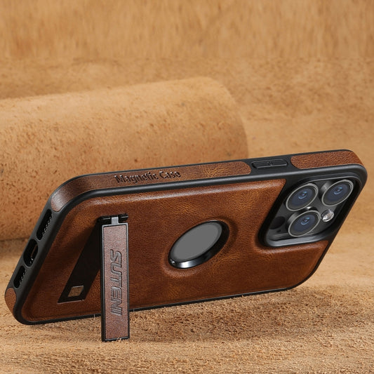 For iPhone 14 Suteni G2 Magsafe Oil Wax Leather Back Phone Case with Holder(Brown) by Suteni