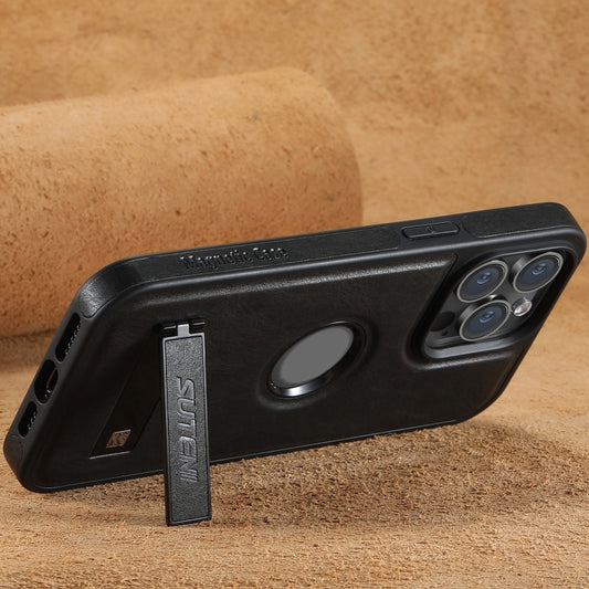 For iPhone 14 Pro Suteni G2 Magsafe Oil Wax Leather Back Phone Case with Holder(Black) by Suteni