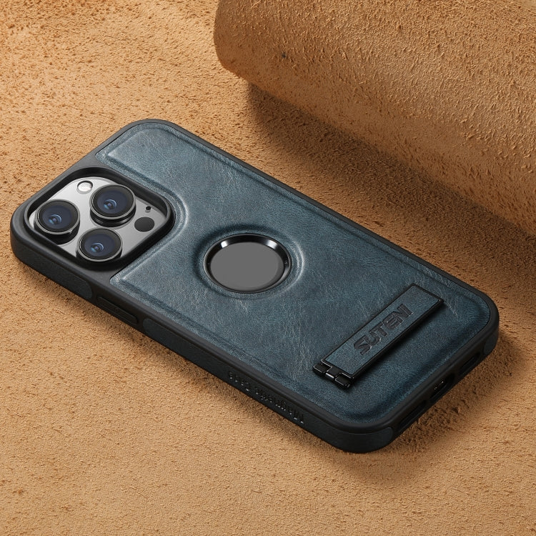For iPhone 14 Pro Suteni G2 Magsafe Oil Wax Leather Back Phone Case with Holder(Blue) by Suteni