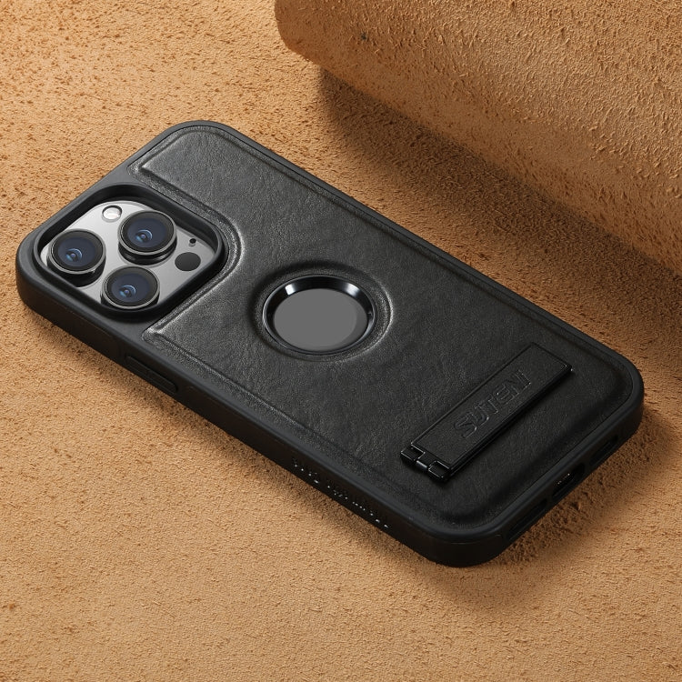 For iPhone 13 Suteni G2 Magsafe Oil Wax Leather Back Phone Case with Holder(Black) by Suteni