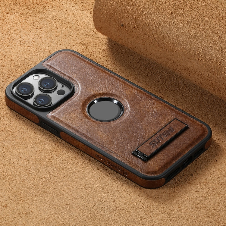 For iPhone 12 Suteni G2 Magsafe Oil Wax Leather Back Phone Case with Holder(Brown) by Suteni