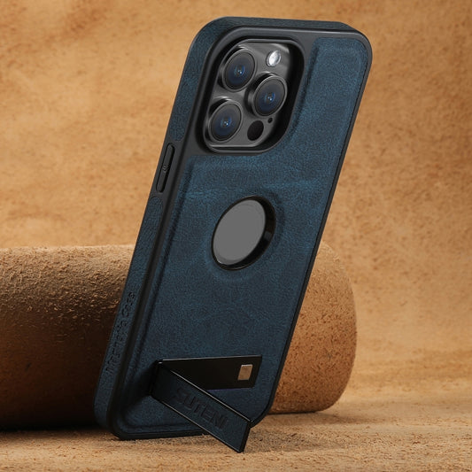 For iPhone 13 Pro Suteni G2 Magsafe Litchi Texture Leather Back Phone Case with Holder(Blue) by Suteni