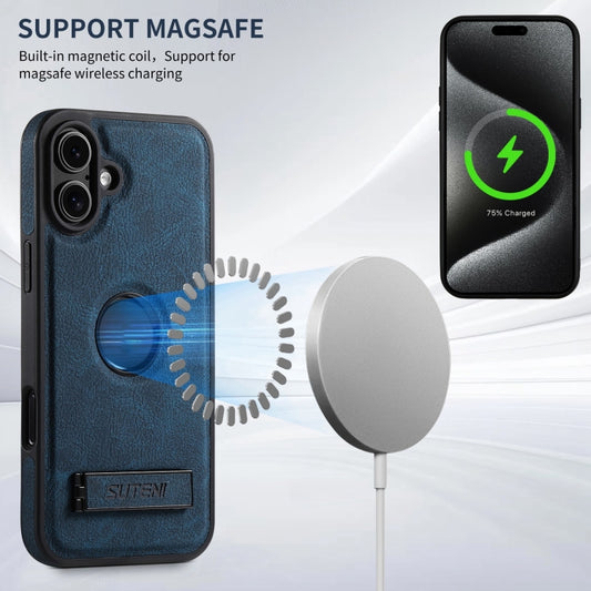 For iPhone 16 Suteni G2 Magsafe Litchi Texture Leather Back Phone Case with Holder(Blue) by Suteni