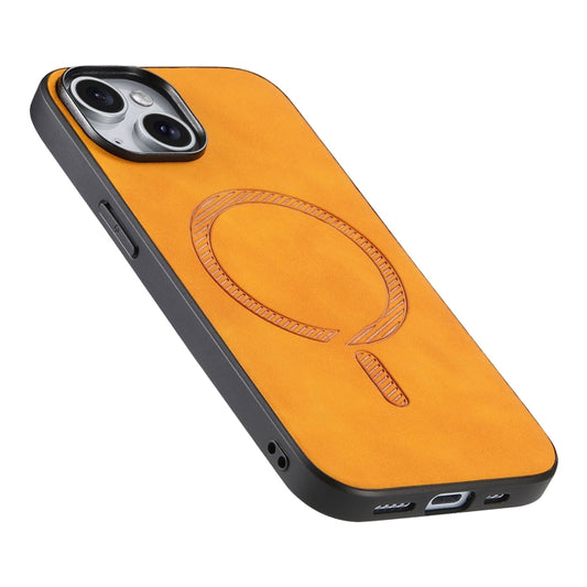 For iPhone 15 Solid Color Retro Magsafe PU Back Cover Phone Case(Yellow) by buy2fix