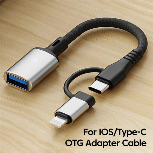 JS-112 2 in 1 USB Male to USB-C / Type-C / 8 Pin OTG Adapter Cable, Length: 15cm(Silver) by buy2fix