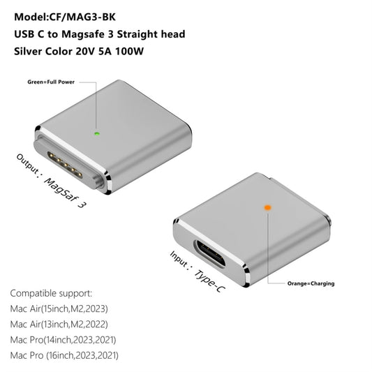 PD100W MagSafe 3 to Type-C Female Magnetic Charging Adapter for MacBook(Silver) by buy2fix