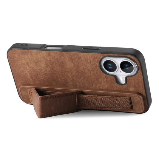 For iPhone 16 Plus Retro Wristband Holder Leather Back Phone Case(Brown) by buy2fix